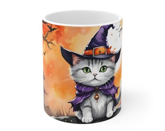 Halloween Mug for Kids | Cat Coffee Mug for Women | Fall Mug | Autumn Mug | Witch 11 Oz  Drinkware Cat Themed Cat Mug Ceramic Mug