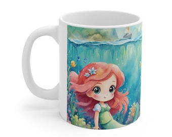 Taza de la Sirenita / Taza de cuento de hadas / Adorables tazas para niños / Taza de cerámica de 11 oz para mujeres / Taza de princesa para niñas / Taza kawaii con lindo océano