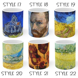 May include: Six white ceramic mugs with colorful designs. The designs include a church, a portrait of Vincent van Gogh, a wheat field, a landscape with a sun, sunflowers, and a field with trees. Each mug is labeled with a style number.