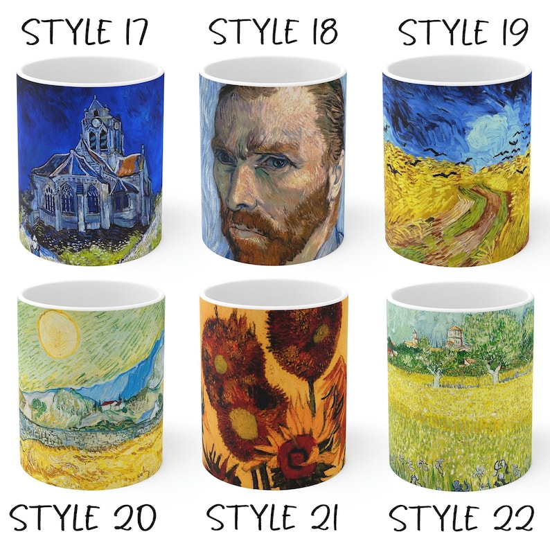 May include: Six white ceramic mugs with colorful designs. The designs include a church, a portrait of Vincent van Gogh, a wheat field, a landscape with a sun, sunflowers, and a field with trees. Each mug is labeled with a style number.