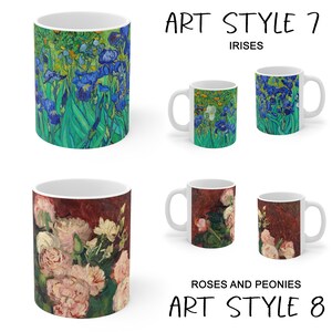 May include: White ceramic mugs featuring floral artwork. One mug displays blue irises, the text "ART STYLE 7 IRISES". Another mug showcases pink roses and peonies, with the text "ART STYLE 8 ROSES AND PEONIES".
