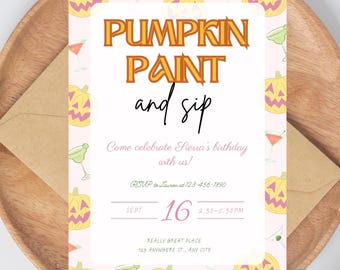 pumpkin paint and sip party invitation template, Halloween party invite, summerween, birthday party invite, Canva, printable, editable