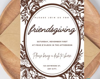 Friendsgiving French Toile Invitation Template, Printable, Editable, Vintage Floral Patern, Formal, Girly, Fall Floral, Thanksgiving Invite