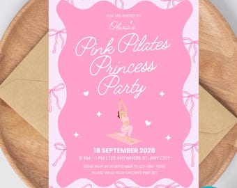 Editable Pink Pilates Princess Party Invitation, Girls Birthday Printable Canva Template, Pilates Birthday Invite, Pilates instructor party