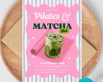 Pilates and Matcha Party Invitation Template, Pilates and Matcha Club, Wellness, Fitness, Matcha Party Printable, Striped, Pink