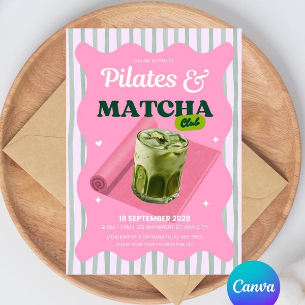 Plantilla de invitación para fiesta de pilates y matcha, club de pilates y matcha, bienestar, fitness, imprimible para fiesta de matcha, a rayas, rosa