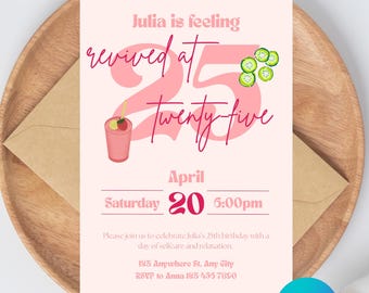 Revived at 25 Party Invitation Template, Spa Day, Girls Night In Party, Sleepover Invite, Instant Download, Editable, Pink, Smoothie, Adult