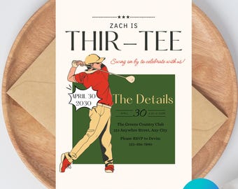 Thir-tee Golf Thema 30. Geburtstagsfeier, Herren-Geburtstagsfeier-Einladungsvorlage, Sportthema, Country Club, Par-tee, Fore-tee, Vintage