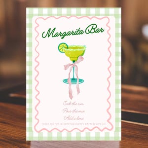 Margarita Bar Sign, gingham, girly, mumus and margs bar sign, printable, editable, Canva template, drink bar sign, girls night, hosting