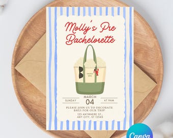 Bachelorette Tote Bag Decorating Invite, Coastal Tote Bag Party Invite, Nautical Striped Bridal Shower Invite, Beach Bach Canva Editable