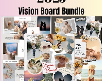 Può includere: Un pacchetto di vision board per il 2025, un collage di immagini e testo che rappresenta obiettivi e aspirazioni. Il design include foto, note scritte a mano e parole ispiratrici come "equilibrio" e "amore".