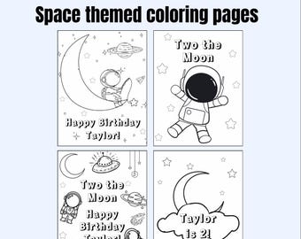 Custom Two The Moon Coloring Page, Space Theme Coloring Sheets, Astronaut Birthday, Party Favor Coloring Pages, Instant Download, Canva
