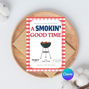 May include: A barbecue-themed invitation with a red and white checkered border. The text reads "A Smokin' Good Time" above a grill graphic. Details include date, time, and RSVP information. The invitation is on a wooden tray.