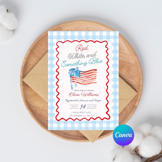 Red White and Something Blue Bridal Party Invitation Template, Patriotic Invite, USA, July 4th, American flag invite, girly, gingham, bow