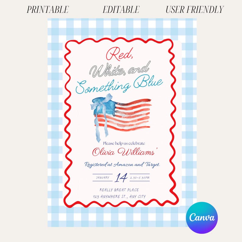 Inbjudningsmall till brudfest i rött och vitt, patriotisk inbjudan, USA, 4 juli, inbjudan till amerikansk flagga, flickigt, ginghammönster, rosett bild 2