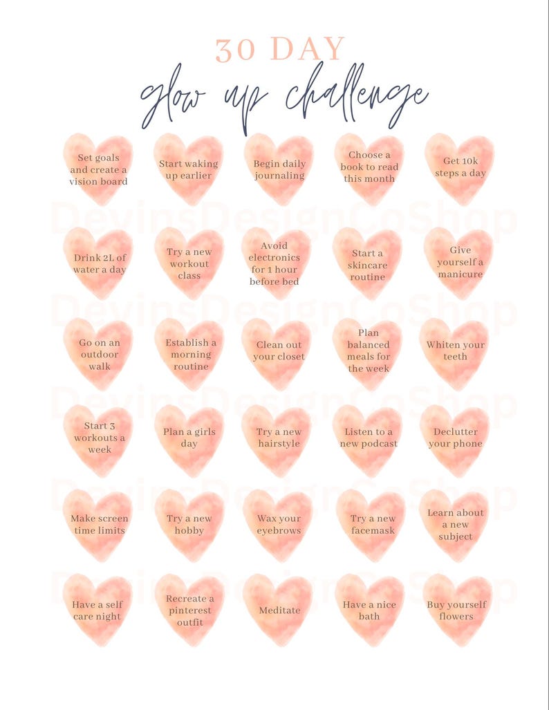30 Days Glow up Challenge, Self Care Checklist, Printable, Customizable ...