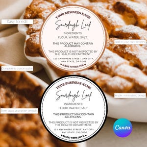 May include: Two circular labels with the text "YOUR BUSINESS NAME Sourdough Loaf" and ingredient information. The labels are set against a background of baked bread. The labels also include the text "Made with Love".