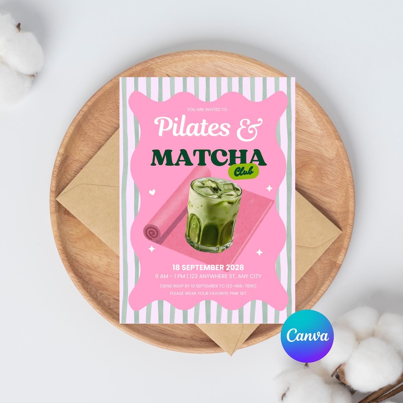 Pilates and Matcha Party Invitation Template, Pilates and Matcha Club ...