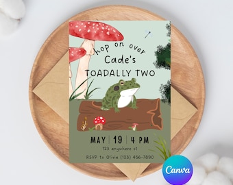 Toadally Two Birthday Party Invitation, Woodland Toad Birthday Party Invite, Forest Animal Kids Birthday, Printable Editable Canva Template
