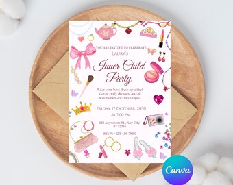 Inner Child Party Invitation, Pink Dress Up Birthday Invite for Women, Girly Adult Birthday Printable, Editable Canva Template, Digital