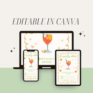 K&ouml;nnte beinhalten: Editierbare Canva-Vorlage f&uuml;r eine Geburtstagseinladung. Die Einladung zeigt eine Aquarell-Illustration eines Glases Orangensaft mit einem Rosmarinzweig. Der Text auf der Einladung lautet "A spritz older" und "Celebrate Olivia's Birthday".