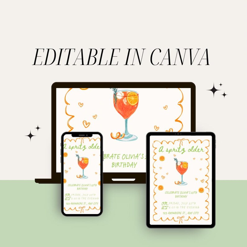 K&ouml;nnte beinhalten: Editierbare Canva-Vorlage f&uuml;r eine Geburtstagseinladung. Die Einladung zeigt eine Aquarell-Illustration eines Glases Orangensaft mit einem Rosmarinzweig. Der Text auf der Einladung lautet "A spritz older" und "Celebrate Olivia's Birthday".