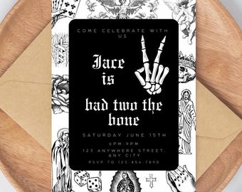 Modèle d'invitation anniversaire Bad Two the Bone, Invitation Bad 2 the Bone, 2e thème de fête d'anniversaire, fête de style punk, thème de fête d'enfants, tatouage,