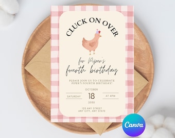 cluck on over party invitation template, barn animal party, chicken birthday,