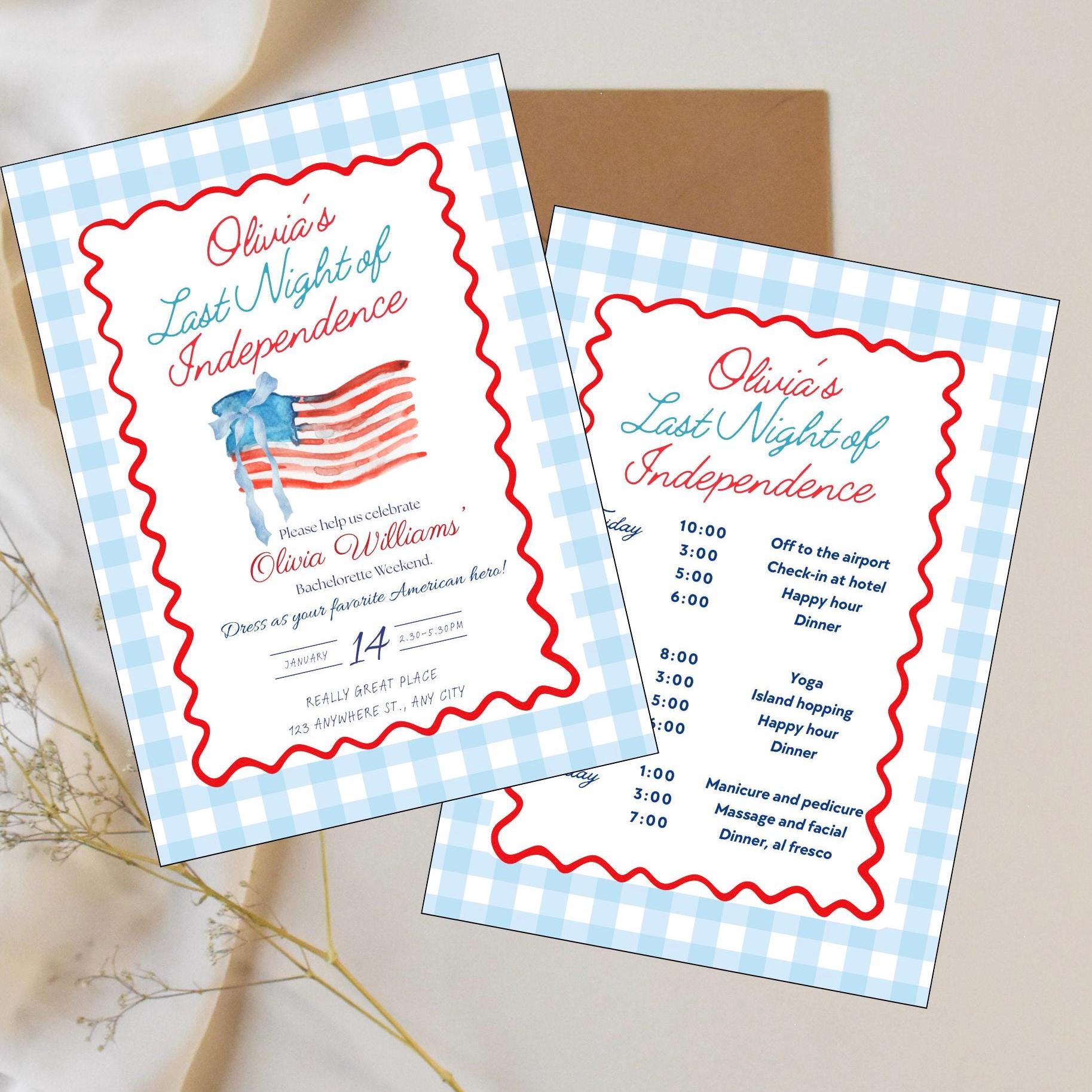 Last Night of Independence, Bachelorette Party, Patriotic, Red White and Something Blue, Gingham, Fourth of July Trip, Canva Template,