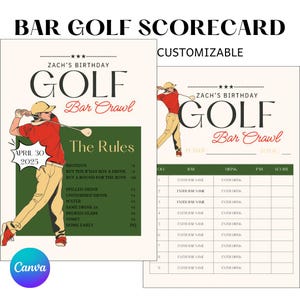 Plantilla de tarjeta de puntuación de golf de barra, tarjeta de puntuación de recorrido por bares de golf, tarjeta de puntuación de recorrido por pubs de golf, cumpleaños con temática de golf, viaje de soltero de golf, editable, canva