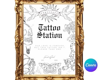 Tattoo Station-skylt bröllop, falsk tatueringsstång, tillfällig tatueringsstång, festgåvor, bröllopsgåvoskylt, gotisk, canvas, anpassningsbar, utskrivbar
