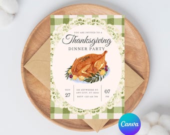 Thanksgiving Gingham Plaid Invitation Template, Thanksgiving Party Invite, Editable Fall Dinner Invitation, Friendsgiving Invitation, Canva