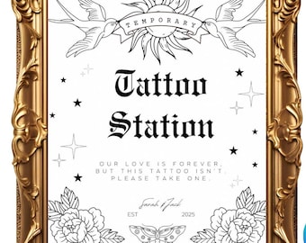 Tattoo Station Sign Wedding, Fake tattoo bar, Temporary tattoo, Wedding Favor Sign, Gothic, Edgy, Party, Digital Download, Editable Canva