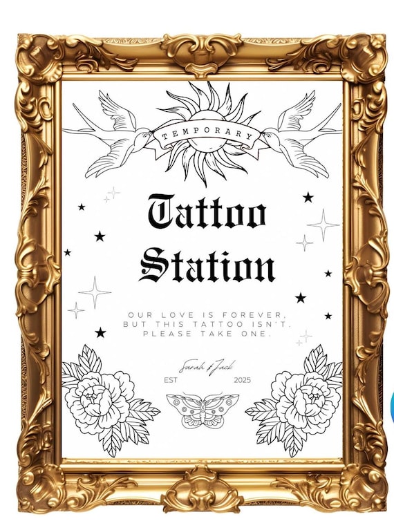 Tattoo Station Sign Wedding, Fake tattoo bar, Temporary tattoo, Wedding Favor Sign, Gothic, Edgy, Party, Digital Download, Editable Canva