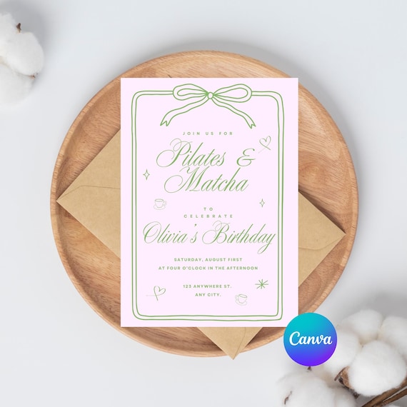 Pilates and Matcha Party Invitation Template, Pilates Birthday Party, Pilates Social Event, Advertising, Canva template, instant download