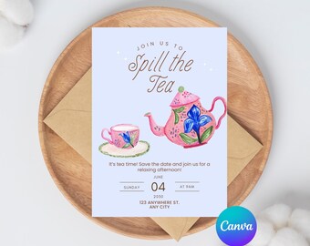 Spill The Tea Party Invitation Template, Tea Party, Girls Night Invite, Printable Tea Party Invitation, Bridal Shower Tea Invitation, canva