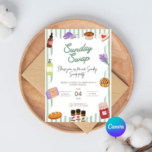 May include: A decorative invitation for a "Sunday Swap" party, featuring illustrations of various items like essential oils, baked goods, and lavender. The invitation is on a white background with green stripes, set on a wooden tray with an envelope.