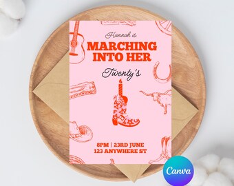 Marching into my Twentys, Western Cowgirl Birthday Invitation Template, Pink Rodeo Party Invite, boots and guitar theme invite