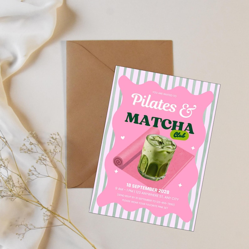 Pilates and Matcha Party Invitation Template, Pilates and Matcha Club ...