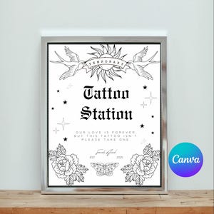 Puede incluir: Un cartel imprimible en blanco y negro con el texto "Temporary Tattoo Station" y el texto "Nuestro amor es para siempre, pero este tatuaje no lo es. Por favor, toma uno." El cartel tambi&eacute;n presenta un sol, p&aacute;jaros, flores y una mariposa.