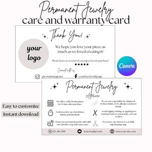 Instrucciones para el cuidado permanente de joyas, Tarjeta y garantía para el cuidado permanente de joyas, Plantilla de tarjeta de presentación, Descarga digital, Imprimible, Simple