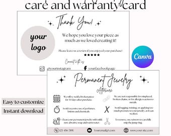 Permanent Jewelry Care Instructions, Permanent Jewelry Care Card and Warranty, Business Card Template, Digital Download, Printable, Simple