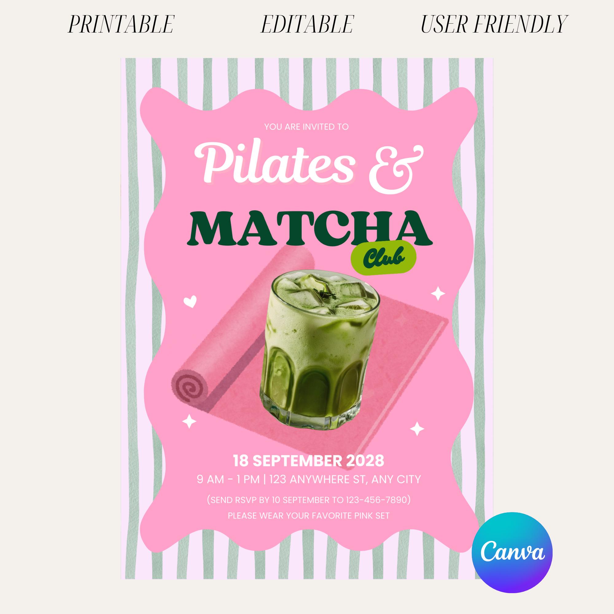 Pilates and Matcha Party Invitation Template, Pilates and Matcha Club ...