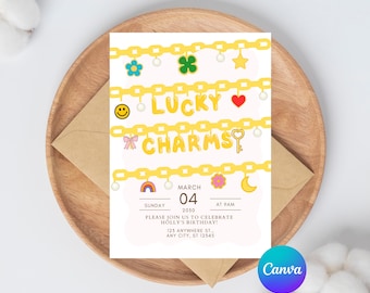 Lucky Charms Birthday Invitation Template | Pastel Charm Necklace Party Invite | Editable Canva Birthday Invitation | st Patrick’s day