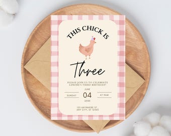 This Chick is Three Birthday Invite Template, Spring Birthday Party Invitation Template, Farm Theme, Farmers market, Easter Birthday Party