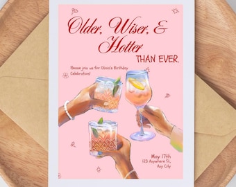 Older Wiser Hotter Birthday Invite Template, Dirty 30 Theme, Cocktail Party, Girls Night Out, Vintage, Illustrated, Fun, Gno, invitation