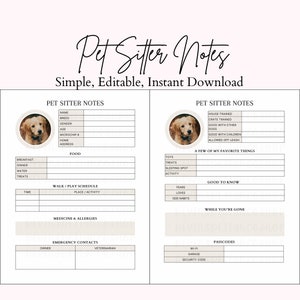 May include: A printable pet sitter notes template with a beige background and a photo of a golden retriever puppy. The template includes sections for pet information, food, walk/play schedule, medicine and allergies, emergency contacts, and passcodes.