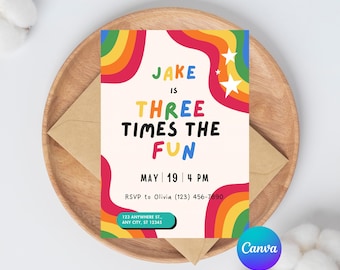 Three Times the Fun Birthday Invitation Template, Retro Rainbow 3rd Birthday Invite, Editable Canva Birthday Invitation, Colorful Kids Party