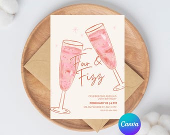 Fur and Fizz Birthday Party Invitation, Winter Birthday Theme, Champagne Party Invite, January, February, Fur Coat Party, 21st