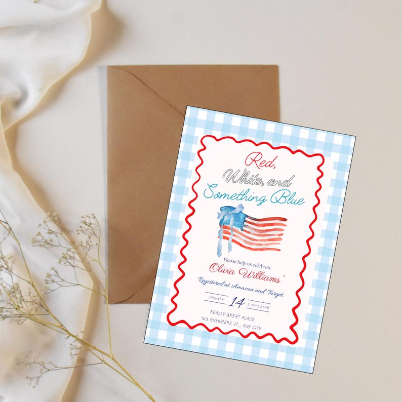 Inbjudningsmall till brudfest i rött och vitt, patriotisk inbjudan, USA, 4 juli, inbjudan till amerikansk flagga, flickigt, ginghammönster, rosett bild 3